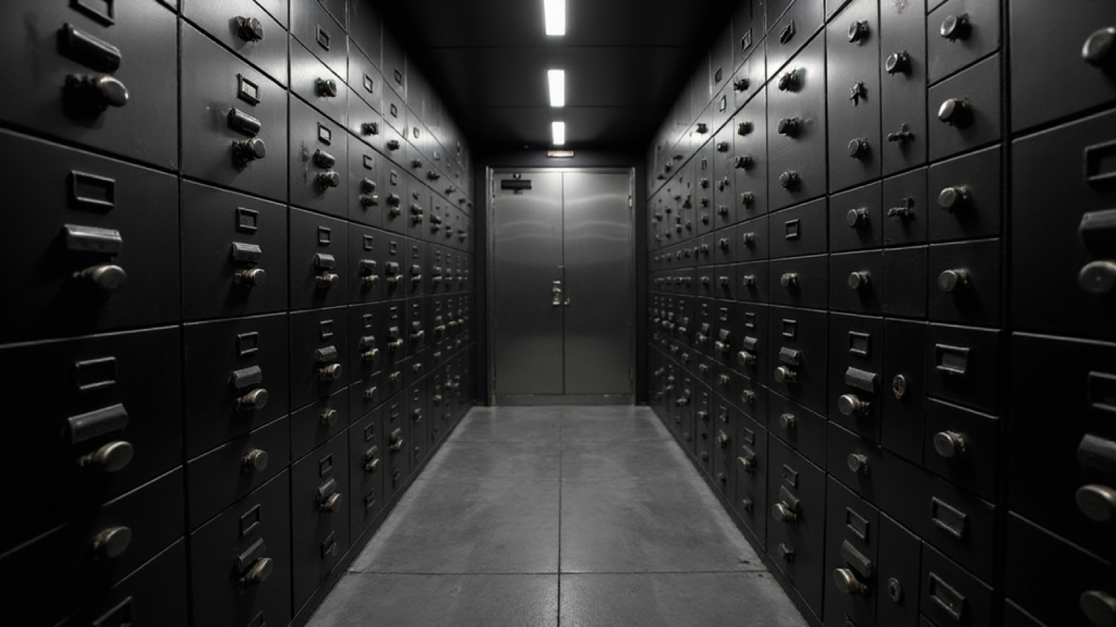 Dark institutional ledger corridor